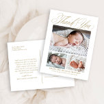 Carte Postale Elégant Gold Script 3 Photo Baby Merci<br><div class="desc">Elegant Gold Script 3 Photo Baby Merci Postcard présente trois photos du nouveau bébé,  ainsi qu'une calligraphie élégante,  et toutes les statistiques du bébé. Le dos a beaucoup de place pour votre que vous remarquez.</div>