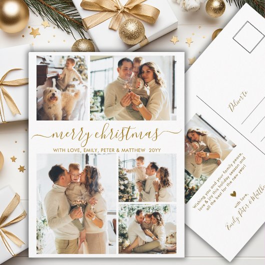 Carte Postale Elegant Gold Script 6 Photo Collage Christmas