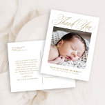 Carte Postale Elégant Gold Script photo Baby Merci<br><div class="desc">Elegant Gold Script Photo Baby Merci Postcard présente trois photos du nouveau bébé,  ainsi qu'une calligraphie élégante,  et toutes les statistiques du bébé. Le dos a beaucoup de place pour votre que vous remarquez.</div>