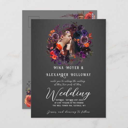 Carte Postale Élégant gothique floral foncé Photo QRC Mariage (Devant / Derrière)