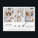 Carte Postale Elégant Green Merry & Bright 3 Photo Holiday<br><div class="desc">Carte postale de vacances simple et élégante. Pour une personnalisation plus avancée de cette conception,  veuillez cliquer sur le lien Personnaliser supplémentaire pour changer la police,  la taille,  la couleur,  etc.</div>