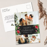 Carte Postale Elégant gris foncé Joyeux Noël 3 Fête de la Photo<br><div class="desc">Cette collection présente des fleurs rouges aquarelles,  des baies et de la verdure hivernale avec une typographie moderne et élégante,  avec un motif botanique d'hiver.</div>