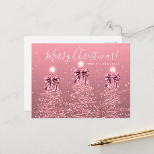 Carte Postale Elegant Holiday Blush Pink Christmas Trees Bows (Devant/Arrière en situation)