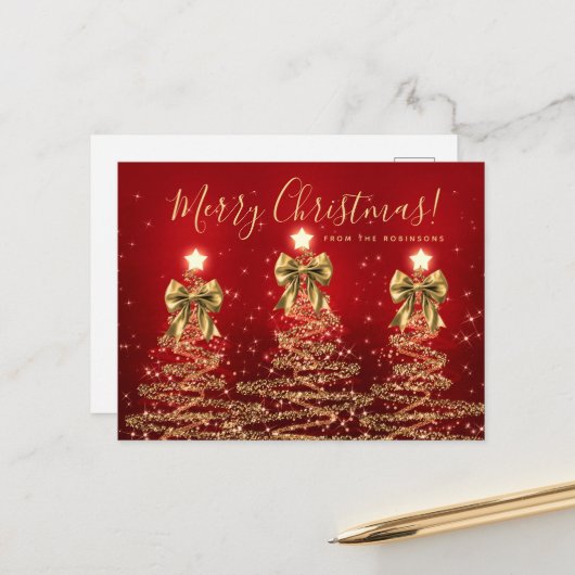 Carte Postale Elegant Holiday Gold Red Christmas Trees w/ Bows (Devant/Arrière en situation)