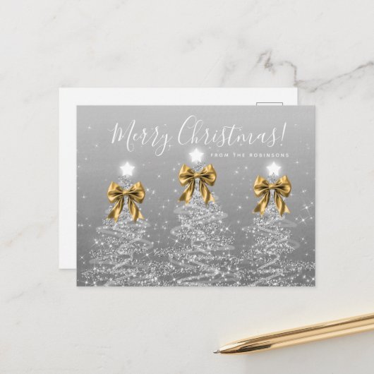 Carte Postale Elegant Holiday Silver Christmas Trees Gold Bows (Devant/Arrière en situation)