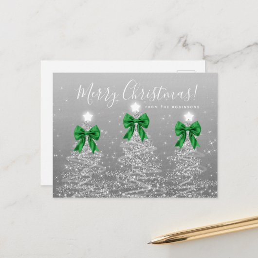 Carte Postale Elegant Holiday Silver Christmas Trees Green Bows (Devant/Arrière en situation)