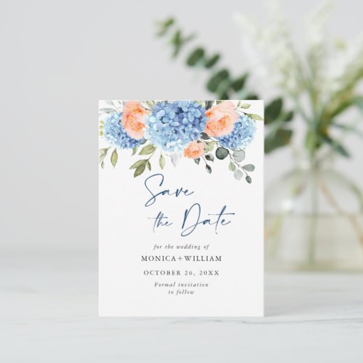 Carte Postale Élégant Hydrangea Bleu Mariage Save the Date (Debout devant)