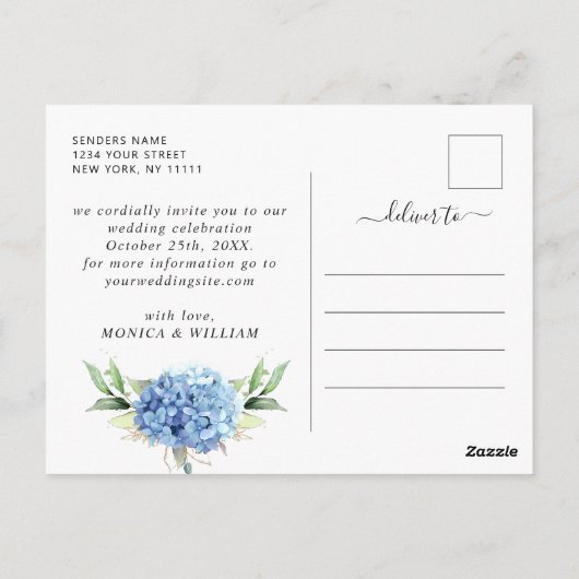 Carte Postale Élégant Hydrangea Bleu Mariage Save the Date (Dos)