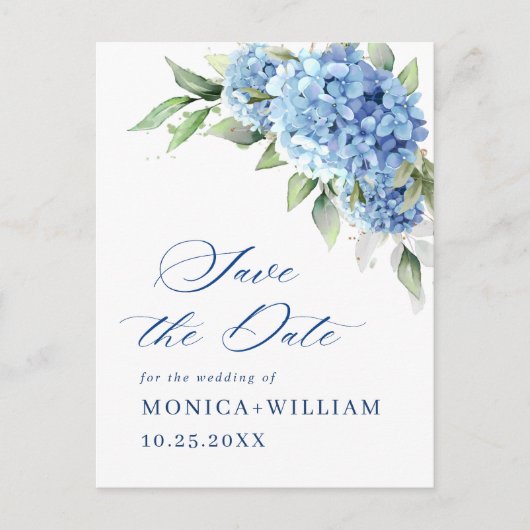 Carte Postale Élégant Hydrangea Bleu Mariage Save the Date (Devant)