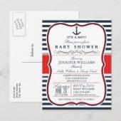 Carte Postale Élégant Invitation Baby shower nautique; Marine et (Devant / Derrière)