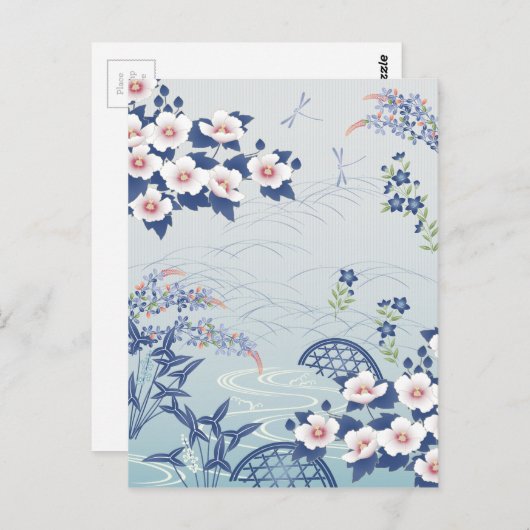 Carte Postale Elégant Jardin Fleur Japonais Bleu Clair (Devant / Derrière)