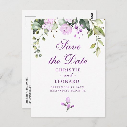 Carte Postale Élégant Lavande Violet Moderne Enregistrer la Date (Devant / Derrière)