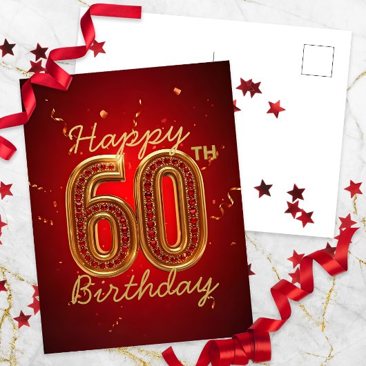 Carte Postale Elégant Luxueux Rouge Rubis et Or 60e Anniversaire