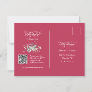 Carte Postale Élégant Magenta Green Feuilles QR Code Adresse RSV