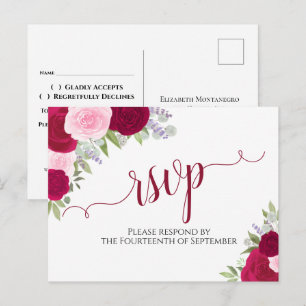 Carte Postale Elégant Magenta rose Aquarelle Roses mariage RSVP