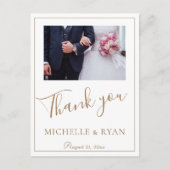 Carte Postale Élégant Mariage de script doré 2 Photos Merci (Devant)