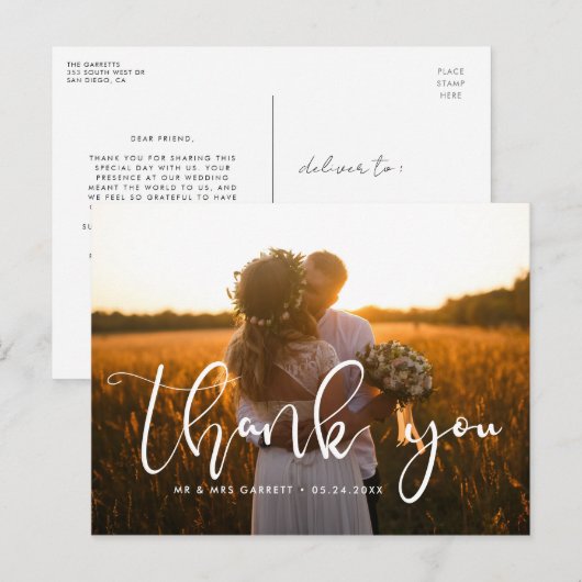 Carte Postale Élégant mariage de script merci (Devant / Derrière)