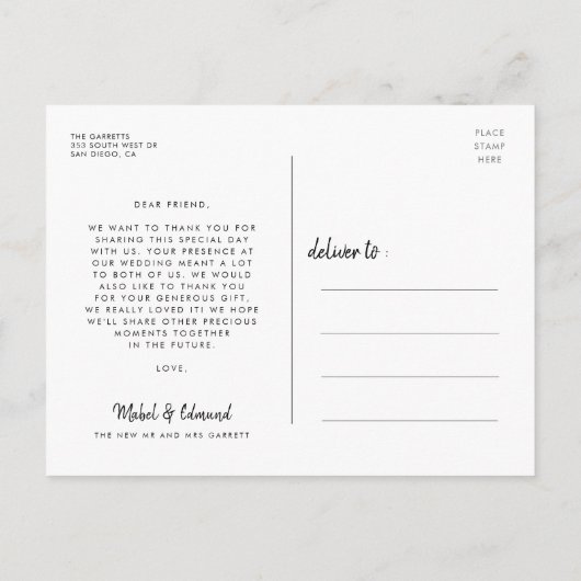 Carte Postale Élégant mariage de script merci (Dos)