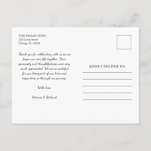 Carte Postale Élégant Mariage de script Merci photo (Dos)