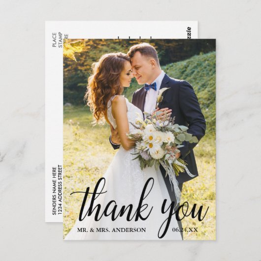 Carte Postale Élégant Mariage de script moderne Merci photo (Devant / Derrière)