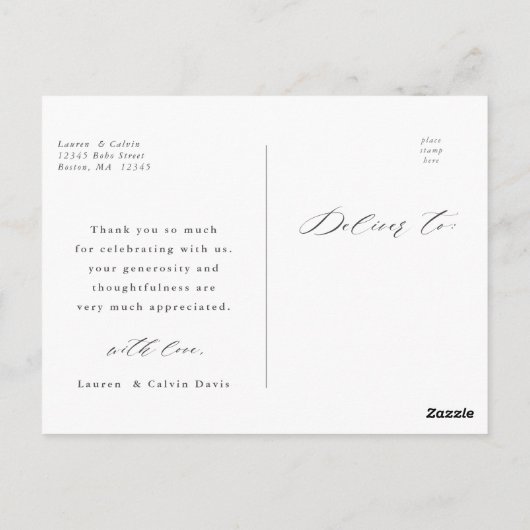 Carte Postale Élégant Mariage de script noir Merci photo (Dos)