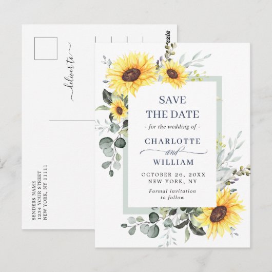 Carte Postale Elégant mariage de tournesol Eucalyptus Enregistre (Devant / Derrière)