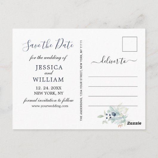 Carte Postale Elégant mariage en feuillage bleu Dusty Enregistre (Dos)