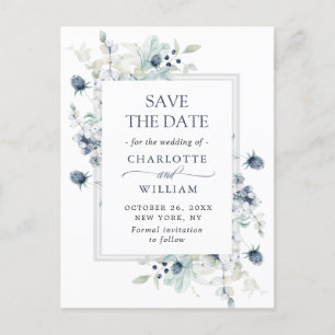 Carte Postale Elégant mariage en feuillage bleu Dusty Enregistre
