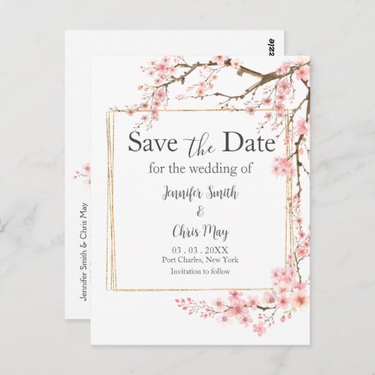 Carte Postale Élégant mariage en fleur de cerise Enregistrer la (Devant / Derrière)