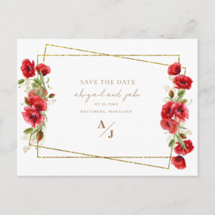 Carte Postale Elégant mariage floral rouge & or Enregistrer la d