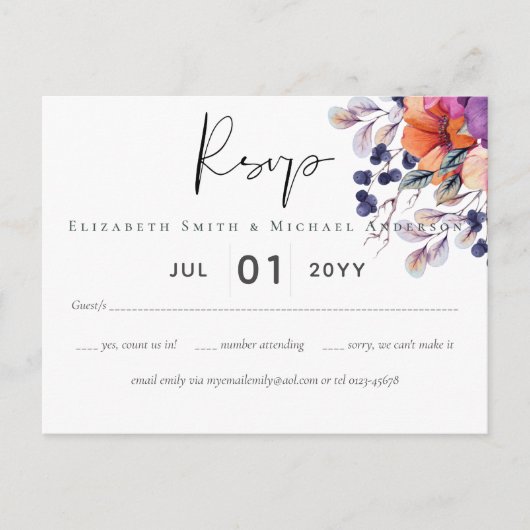 Carte Postale Élégant Mariage Floral violet orange (Devant)