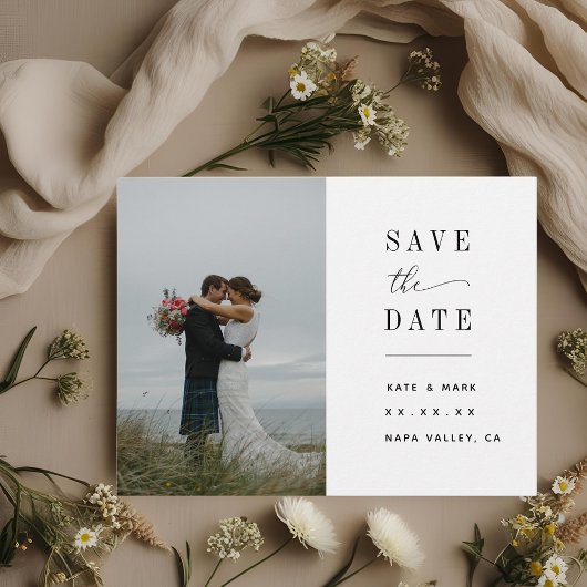 Carte Postale Élégant mariage photo blanche Enregistrer la date