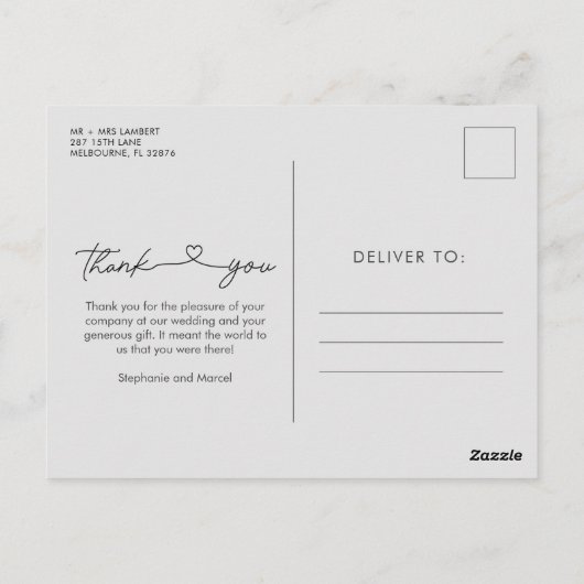 Carte Postale Élégant Mariage photo de script Merci (Dos)