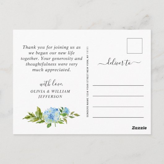 Carte Postale Elégant Mariage photo Hydrangea Blue Merci (Dos)