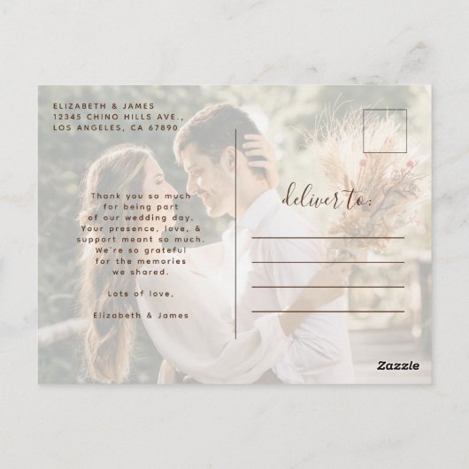 Carte Postale Elégant Mariage photo or Merci (Dos)