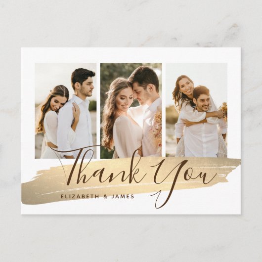 Carte Postale Elégant Mariage photo or Merci (Devant)