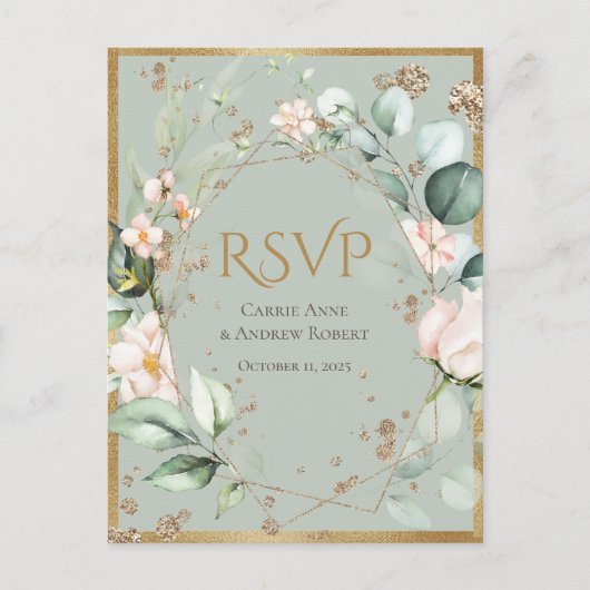 Carte Postale Élégant Mariage rose rose floral or vert (Devant)