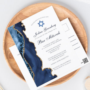 Carte Postale Elégant Marine Blue Gold Agate Bar Mitzvah Party