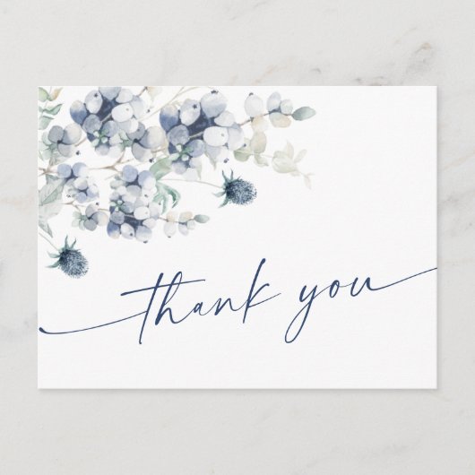 Carte Postale Élégant Merci Boho en feuillage d'hiver bleu-dusté (Devant)