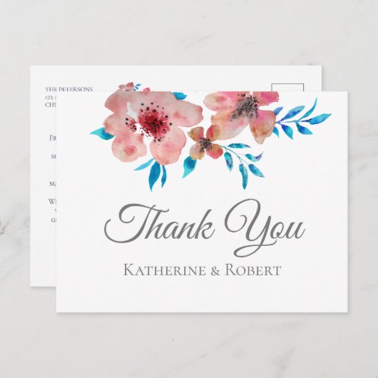 Carte Postale Elégant Merci d'aquarelle rose Fleurs (Devant / Derrière)