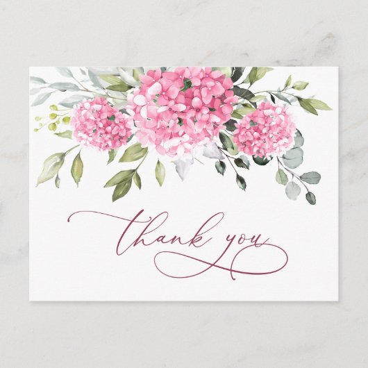 Carte Postale Élégant Merci d'Hydrangée Eucalyptus Rose (Devant)