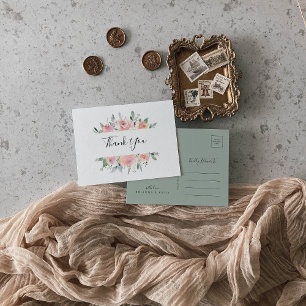 Carte Postale Élégant Merci floral rose