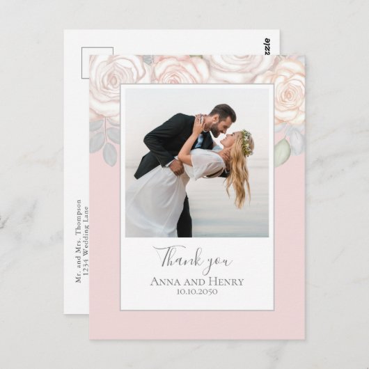Carte Postale Élégant Merci Mariage Floral rose (Devant / Derrière)