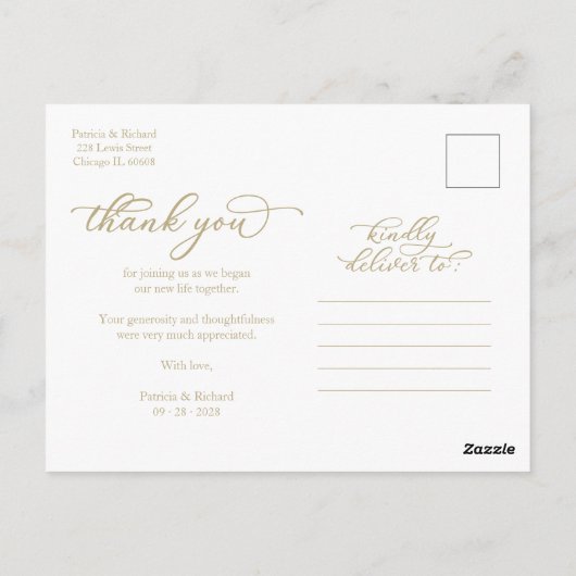 Carte Postale Elégant Merci photo de script or (Dos)