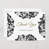 Carte Postale Élégant Merci Roses Noir Et Blanc (Devant / Derrière)