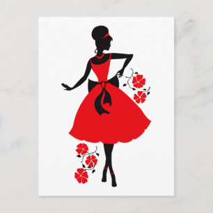 Carte Postale Elégant millésime jeune femme rouge noir silhouett