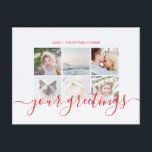 Carte Postale Élégant minimaliste Script Famille de photos voeux<br><div class="desc">6 photos de famille personnalisées Cartes postales Red Universal Greutages avec un collage photo élégant avec 6 images customisées, votre message de voeux en texte manuscrit élégant, votre nom, date, année, message au dos dans une police sans serif moderne et simple. Créez vos propres cartes postales de voeux avec ce...</div>
