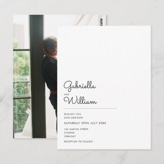 Carte Postale Élégant minimum photo de script Enregistrer la dat (Devant / Derrière)