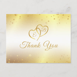 Carte Postale Elégant Monogram Gold Hearts Confetti Merci