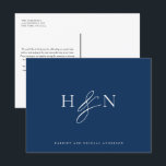 Carte Postale Elégant Monogram Navy Mariage bleu Merci<br><div class="desc">Elégant monogramme de mariage merci carte postale. Cette carte postale en monogramme bleu marine de mariage est dotée d'une élégante carte de script et d'une typographie classique. Personnalisez en ajoutant votre propre monogramme et d'autres détails. Ce mariage monogramme minimaliste merci carte postale sera également parfait comme papeterie pour un couple....</div>